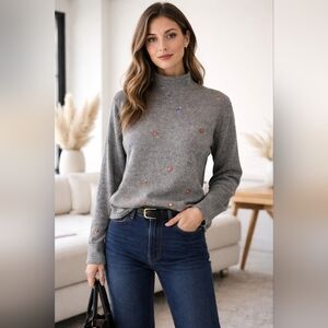 Swan Works Silk Cashmere Embroidered Mock Neck Sweater Vintage Floral Sz OS